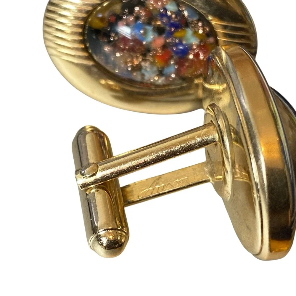Vintage‎ Anson Men Confetti Glitter Under Glass CUFFLINKS Gold Tone Oval